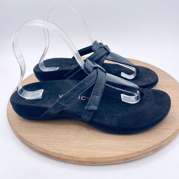 Vionic Karley Sandals Womens 8 W Black Leather Strappy Orthotic Thong - Picture 1 of 10